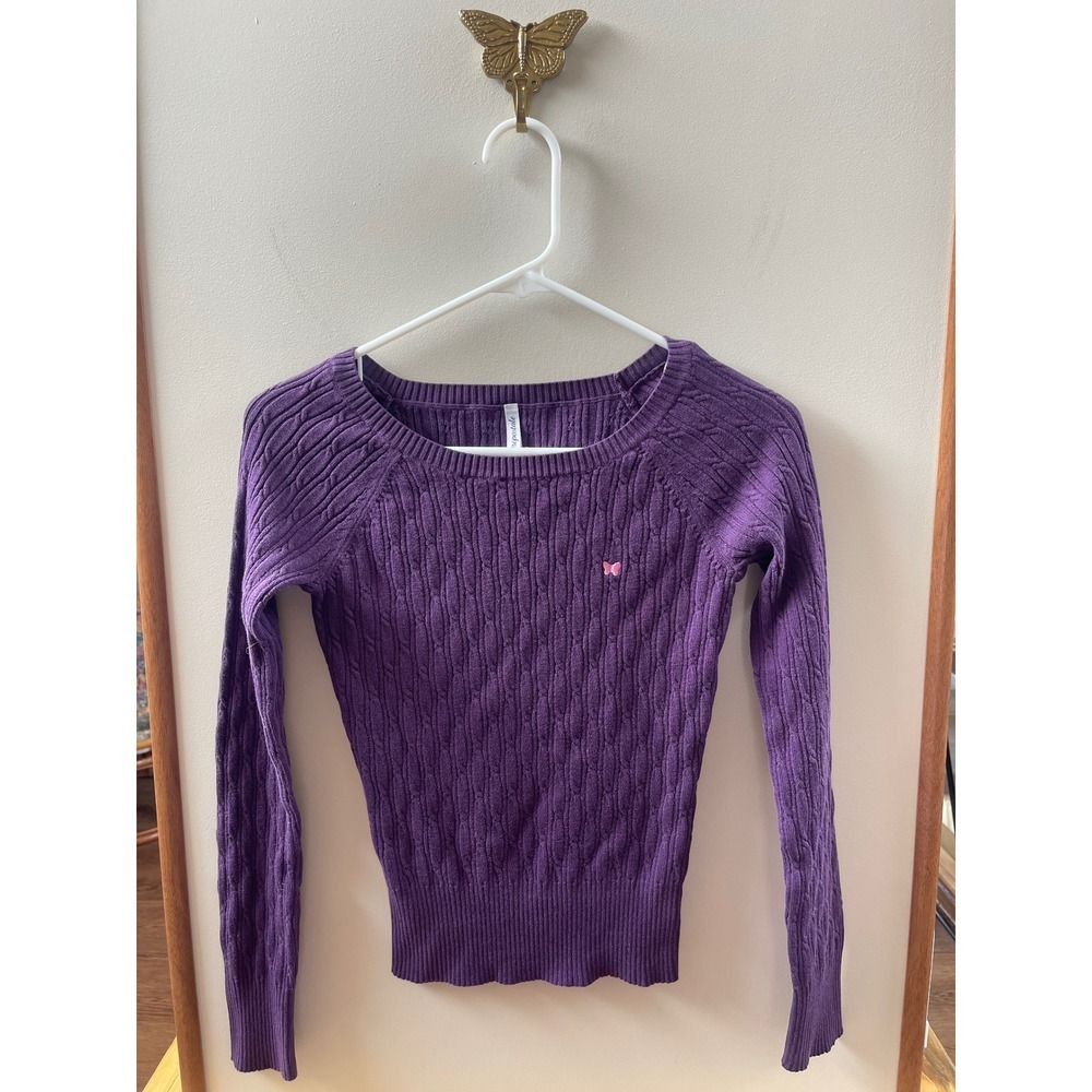 Aeropostale Purple Cable Knit Sweater Scoop Neck Butterfly Logo Slim Fit Small